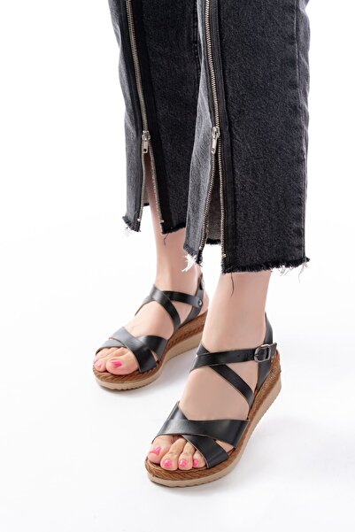 Budi 731-045 Black Cross Genuine Leather Wedge Heeled Daily Women's Sandals