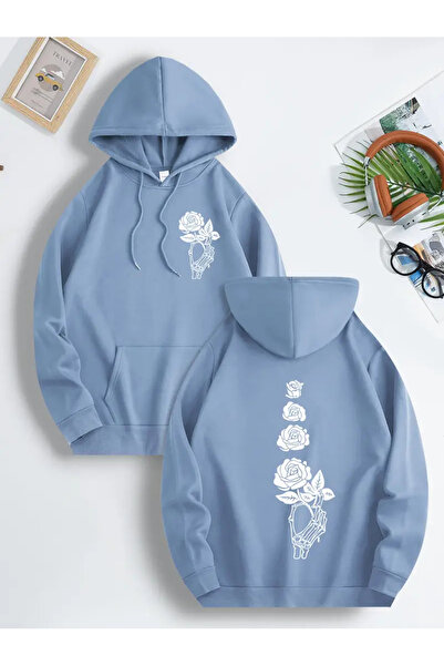 ibibik moda Erkek İskelet El ve Gül Baskılı Kapüşonlu Hoodie