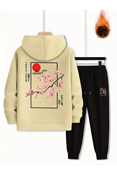 ibibik moda طقم بدلة رياضية بقلنسوة مطبوعة بتصميم ساكورا للرجال