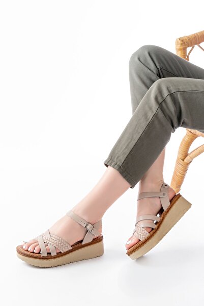 Budi 730-138 Beige Knitted Genuine Leather Orthopedic Sole Women's Sandals