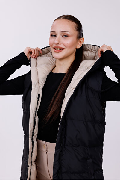 Modayıldızlar Μπεζ Μαύρο Μακρύ Φουσκωτό Γιλέκο Διπλής Όψης με κουκούλα