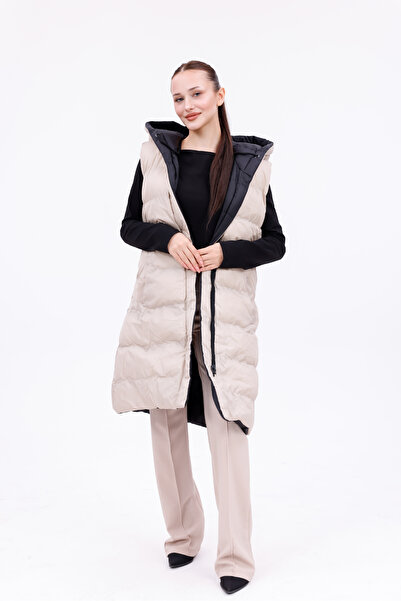 Modayıldızlar Μπεζ Μαύρο Μακρύ Φουσκωτό Γιλέκο Διπλής Όψης με κουκούλα