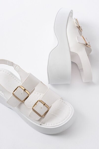 Budi 24414-572 White Buckle Daily Wedge Heel Women's Sandals