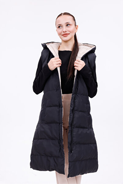 Modayıldızlar Διπλής όψης με κουκούλα Μακρύ φουσκωτό γιλέκο μαύρο μπεζ