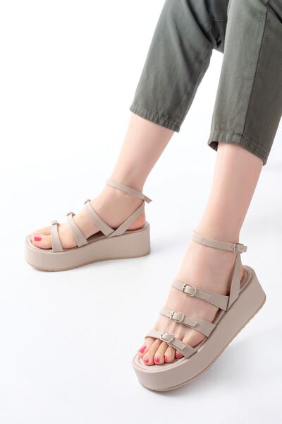 Budi 861-1222 Beige Buckle Ankle Strap Wedge Women's Sandals
