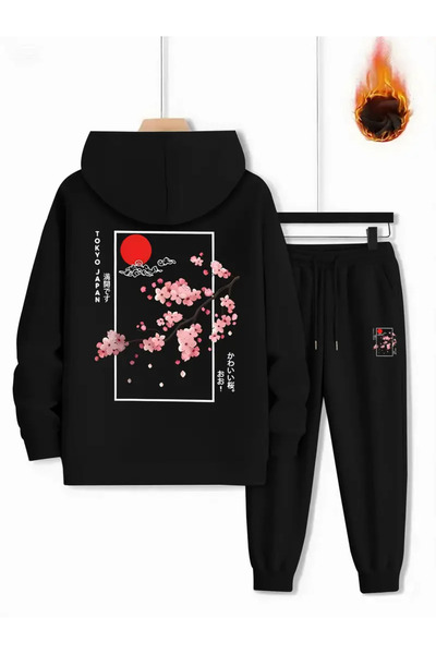 ibibik moda Set de trening Sakura cu imprimeu cu glugă pentru bărbați