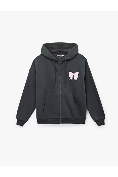 Koton Φούτερ με φερμουάρ, τσέπη καγκουρό, στάμπα με φιόγκο στο πίσω μέρος και ανάγλυφο σχέδιο, oversize