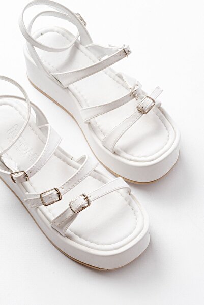 Budi 861-1222 White Buckle Ankle Strap Wedge Women's Sandals