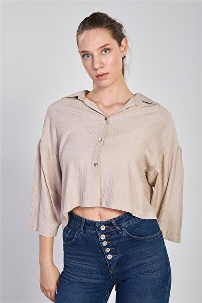 BARRELS AND OIL Women's Three Quarter Sleeve Short Shirt - Beige