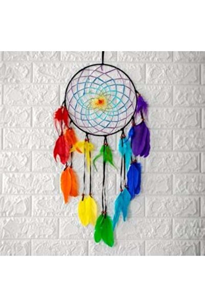 SHOPIENS Captor de vise decorativ etnic negru cu pene colorate și mărgele din...