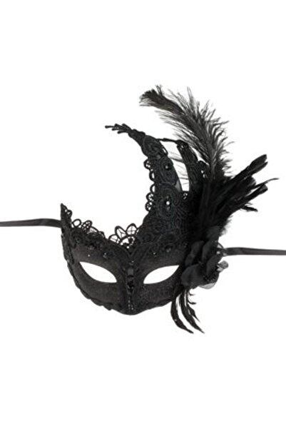 SHOPIENS Mască neagră elegantă cu sclipici din dantelă și pene pentru femei