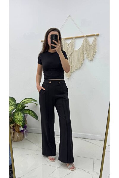 Maison La Femme Gizli Fermuarlı Apolet Kemerli Bol Paça Kadın Pantolon