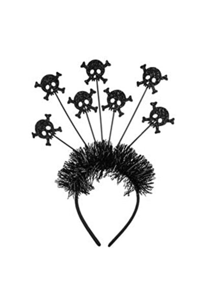Jumbo Black Hair Wreath with Glitter Skull Tinsel for Halloween 19 cm