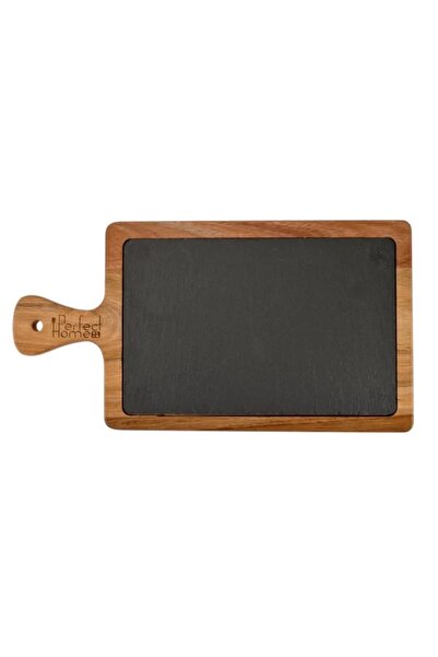 Perfect Home Elegant stone serving tray with acacia wood handle 26x18 cm