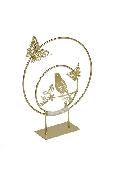 SHOPIENS Metallic Decoration, Wreath Model with Birds and 3D Butterflies, Golden Color, 20x25 cm
