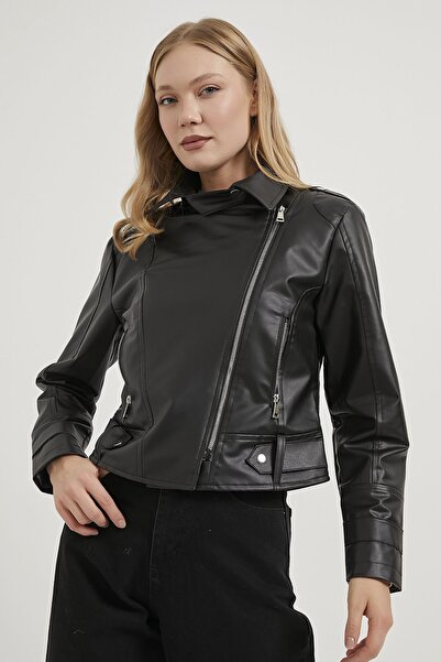 Arma Life Women's Faux Leather Zippered Black Biker Short Coat