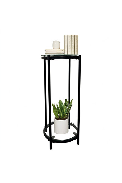 EqiEch طاولة مستديرة زجاجية سوداء، مناسبة للمساحات الصغيرة، مع طبقتين للتخزين، 33*33*70 سم