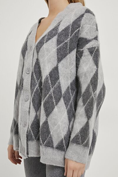 Arma Life Women's Plaid Patterned Premium Oversized Gray Cardigan