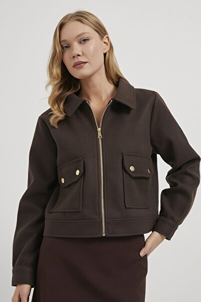 Arma Life Women's Pocket Detailed Zippered Brown Short Cashmere Coat