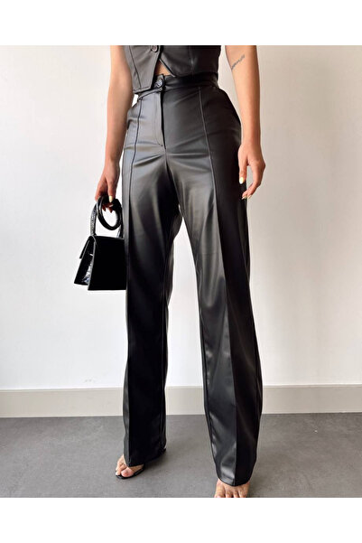 Hugglii بنطلون نسائي من الجلد من Cimalı Deri Palazzo، بنطلون جلدي واسع الساق ...