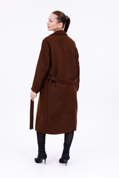 Modayıldızlar Μακρύ χειμωνιάτικο γυναικείο παλτό με ζώνη και τσέπες καφέ