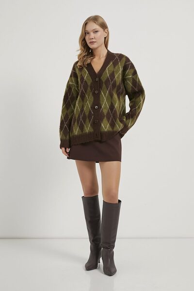 Arma Life Women's Plaid Patterned Premium Oversized Green Cardigan