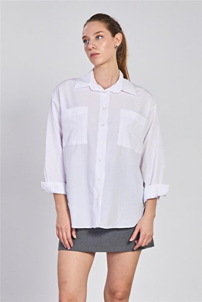 BARRELS AND OIL Women's Double Pocket Long Sleeve Shirt - White