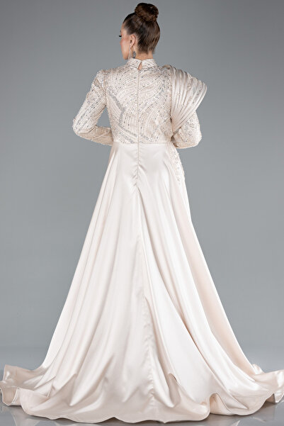 Abiyefon Bej Taşlı Uzun Kol Saten Büyük Beden Tesettür Abiye ABU5083