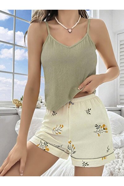 Ruselin ZENGEZUR Kadın Ekru Çiçek Baskılı Şortlu Gecelik Pijama Takımı 5099