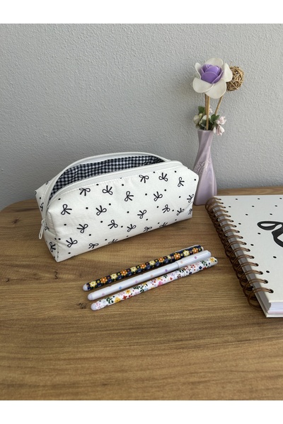 minyaturhayalim Beyaz Fiyonk Puantiyeli desenli beyaz fermuarlı kalemlik kale...