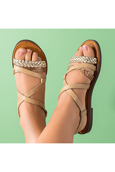 Modlet.ro Γυναικεία μπεζ και χρυσά φλατ Σανδάλια MOD09103