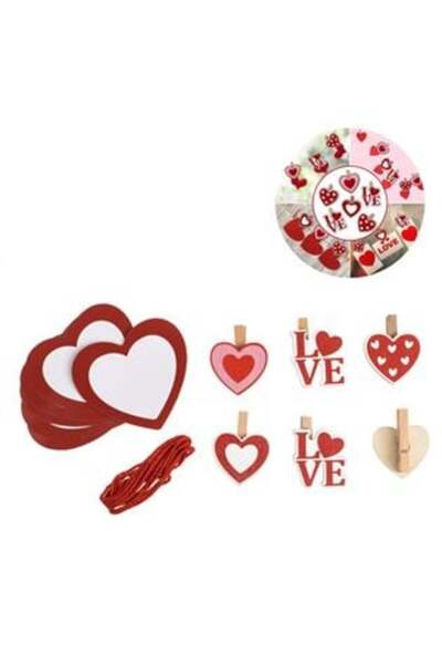 SHOPIENS Set cu cleme de lemn, inimioare decorate cu inimioare din hârtie roșii și albe și sfoară - 13 piese