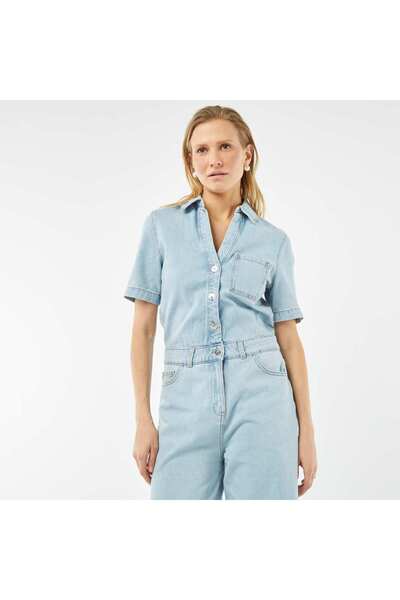 KIABI Short-sleeved denim jumpsuit BLUE