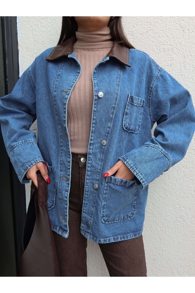 ESRAHELVACI Deri Yaka Açık Cep Denim Ceket