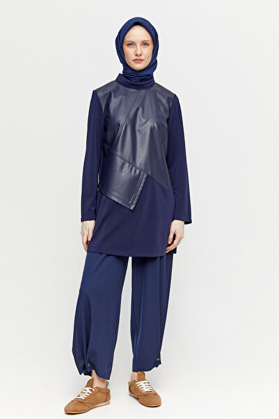 Setrms Asimetrik Suni Deri Kombinli Tunik