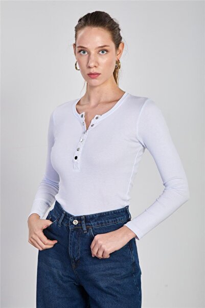 BARRELS AND OIL Women's Long Sleeve Bodysuit with Snap Buttons on the Front - White