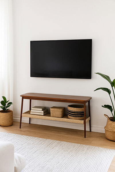 MARIA HOMES Wooden Coffee Table 160×40×40 cm – Slim Design with Woven Shelf Storage, Coffee Finish