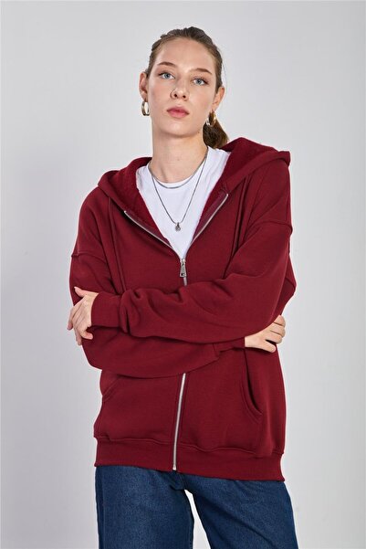 BARRELS AND OIL Hanorac cu fermoar pentru femei cu glugă - Cireș