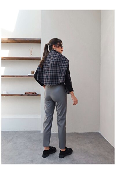 ESRAHELVACI Bel Lastik Dikiş Detaylı Deri Pantolon