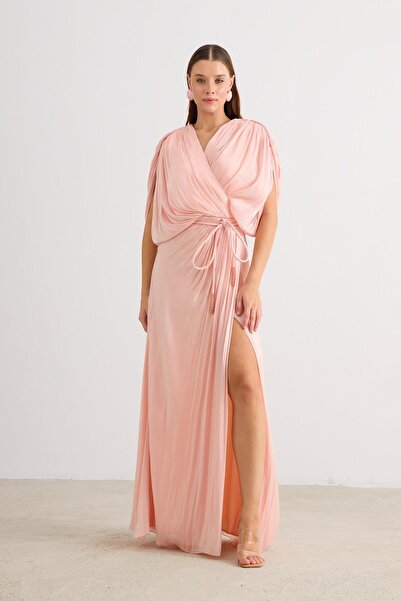 Carmen Pudra Yırtmaçlı Kemerli Organze Abiye Elbise