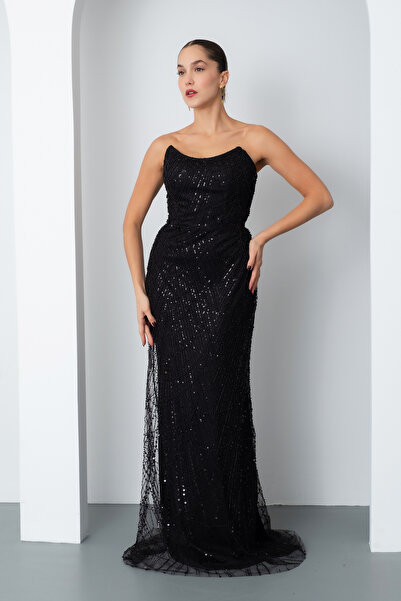 Lafaba Kadın Siyah Straplez Boncuklu Uzun Balık Abiye Elbise