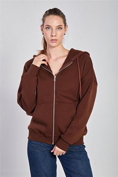 BARRELS AND OIL Hanorac cu fermoar cu glugă pentru femei - Maro