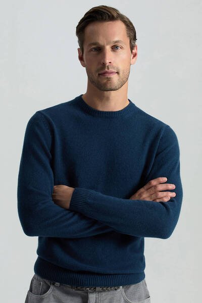 Hemington Saf Kaşmir Bisiklet Yaka Petrol Mavisi Kazak