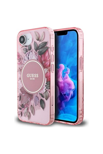 Guess Carcasă pentru iPhone 16e, IML Flowers cu curea din perle MagSafe, - Roz