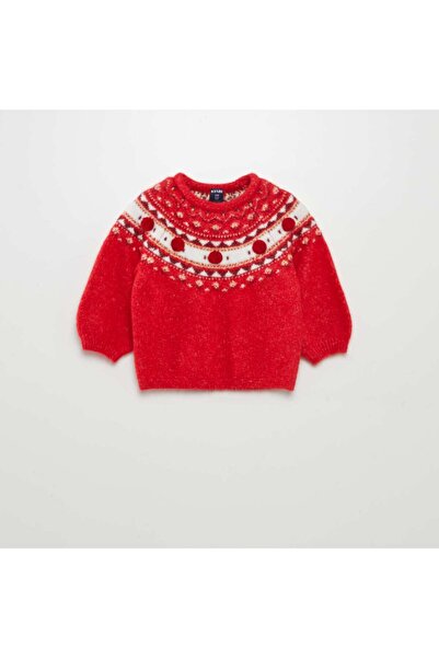 KIABI Warm jacquard pattern jumper with pompoms RED