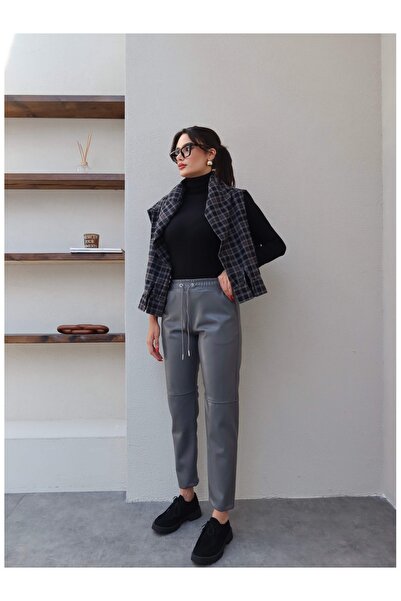 ESRAHELVACI Bel Lastik Dikiş Detaylı Deri Pantolon