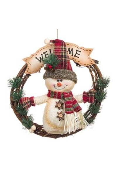SHOPIENS Coroană de Crăciun suspendată din lemn, om de zăpadă, bun venit, 35 cm