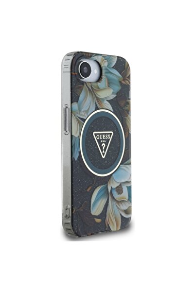 Guess Case for IPhone 16e, IML Flowers with Pearl Strap MagSafe, - Black