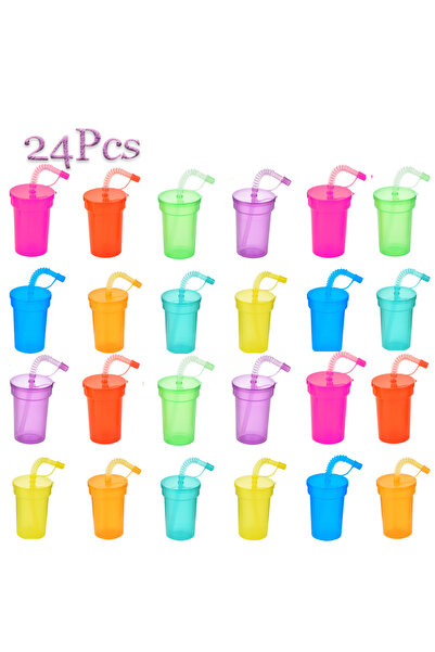 Choice كوب شرب ملون سعة 380 مل، 24 قطعة، 8 قطع، مع غطاء مانع للتسرب وقشة - مث...