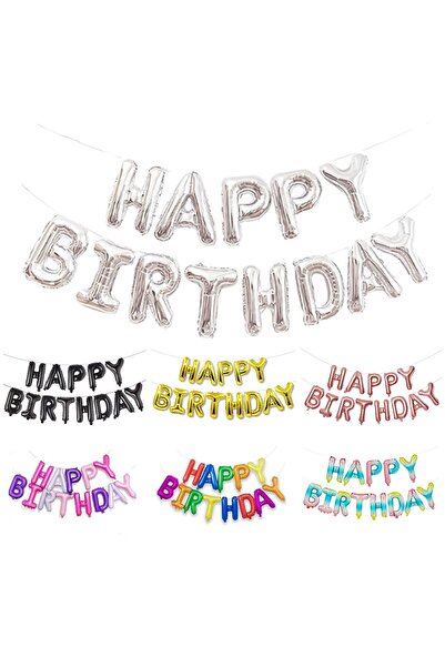 MARKQ لافتة بالونات عيد ميلاد سعيد فضية مقاس 16 بوصة - لافتة حروف من رقائق معدنية لتزيين الحفلات